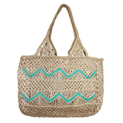 Leona Chevron Woven Jute Beach Bags - Turquoise
