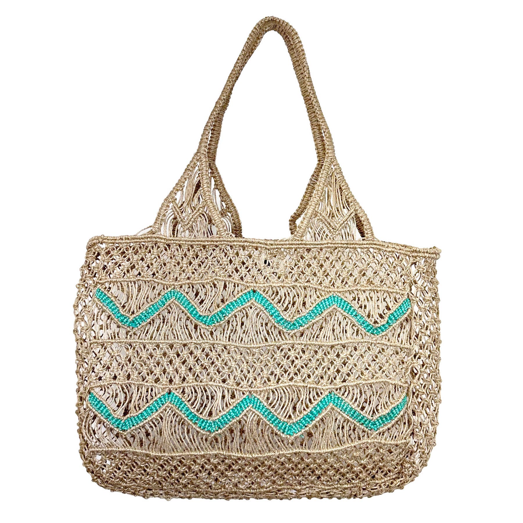 Leona Chevron Woven Jute Beach Bags - Turquoise