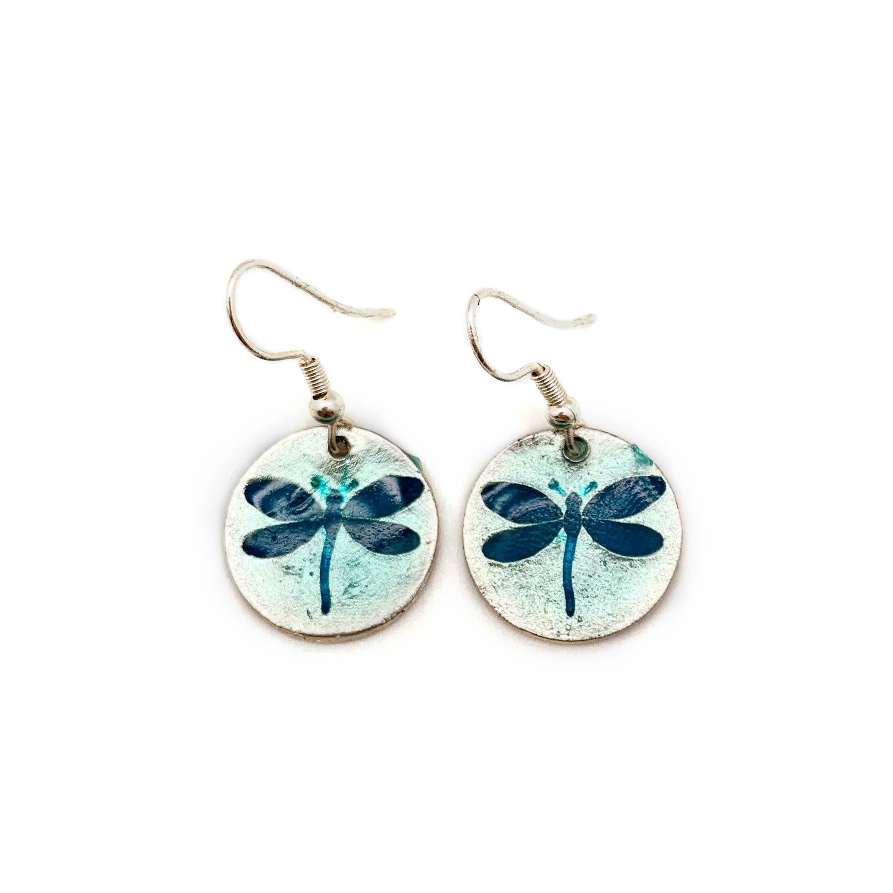 Pewter Earrings with Color Enamel - Dragonfly in Teal/Aqua
