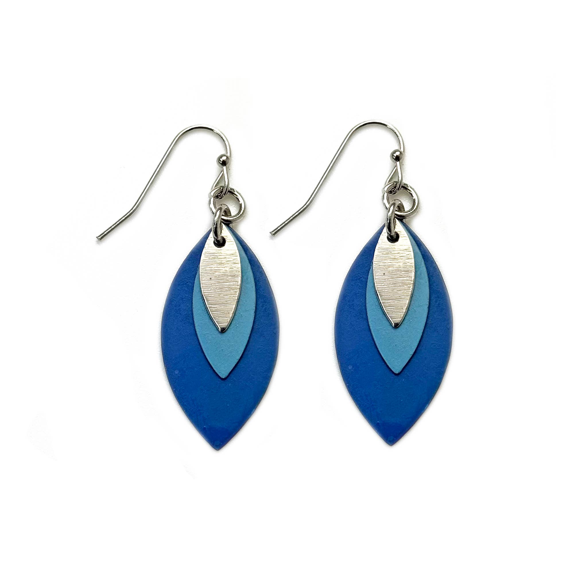 Handcrafted Tonal Blue Patina Layered Leaf Earrings