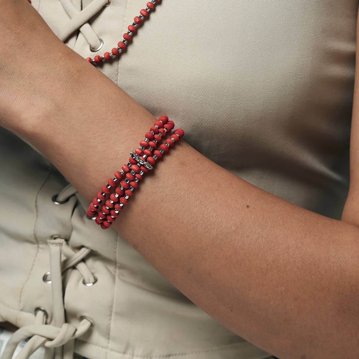 Sachi Wood Bead Wrap Bracelet - Red