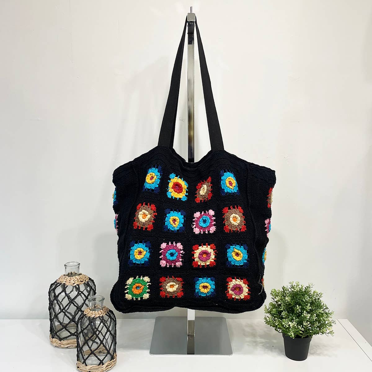Laya Cotton Crochet Large Tote Bag - Black