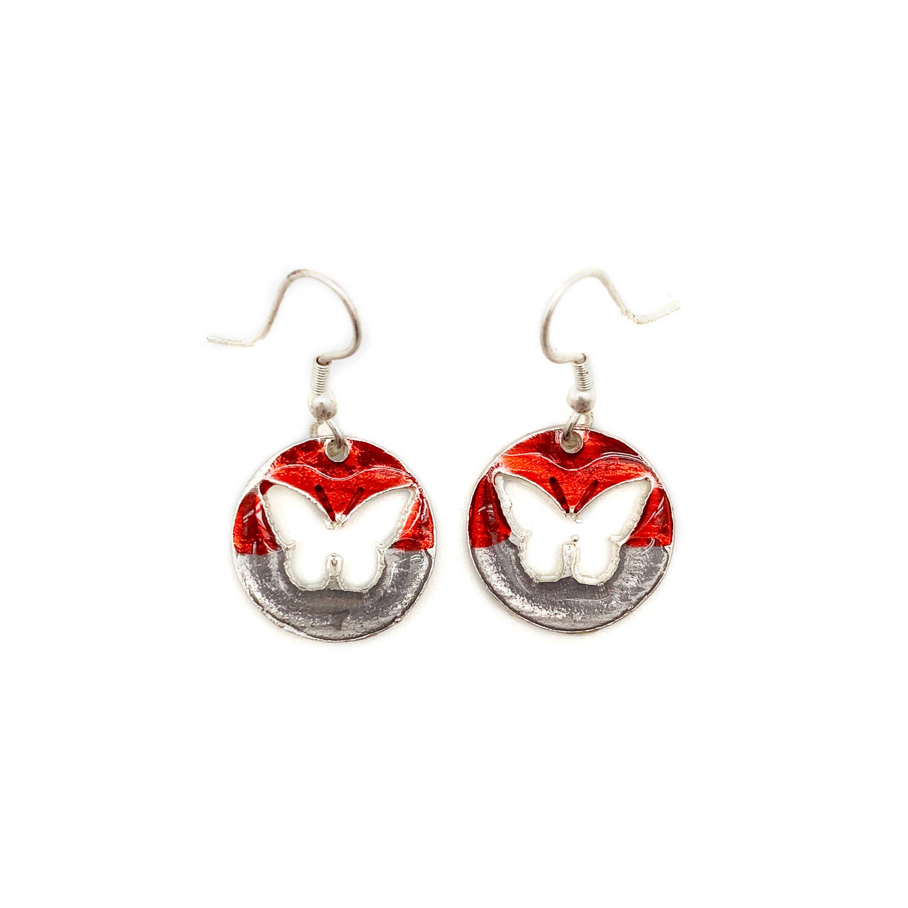 Pewter Earrings with Color Enamel - Butterfly in Red/Grey