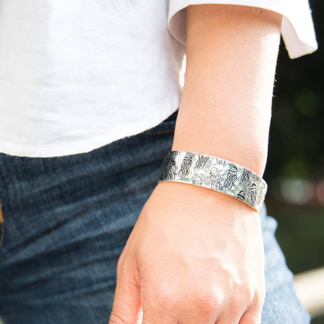 Jellyfish Silver Engraved Cuff Bracelet