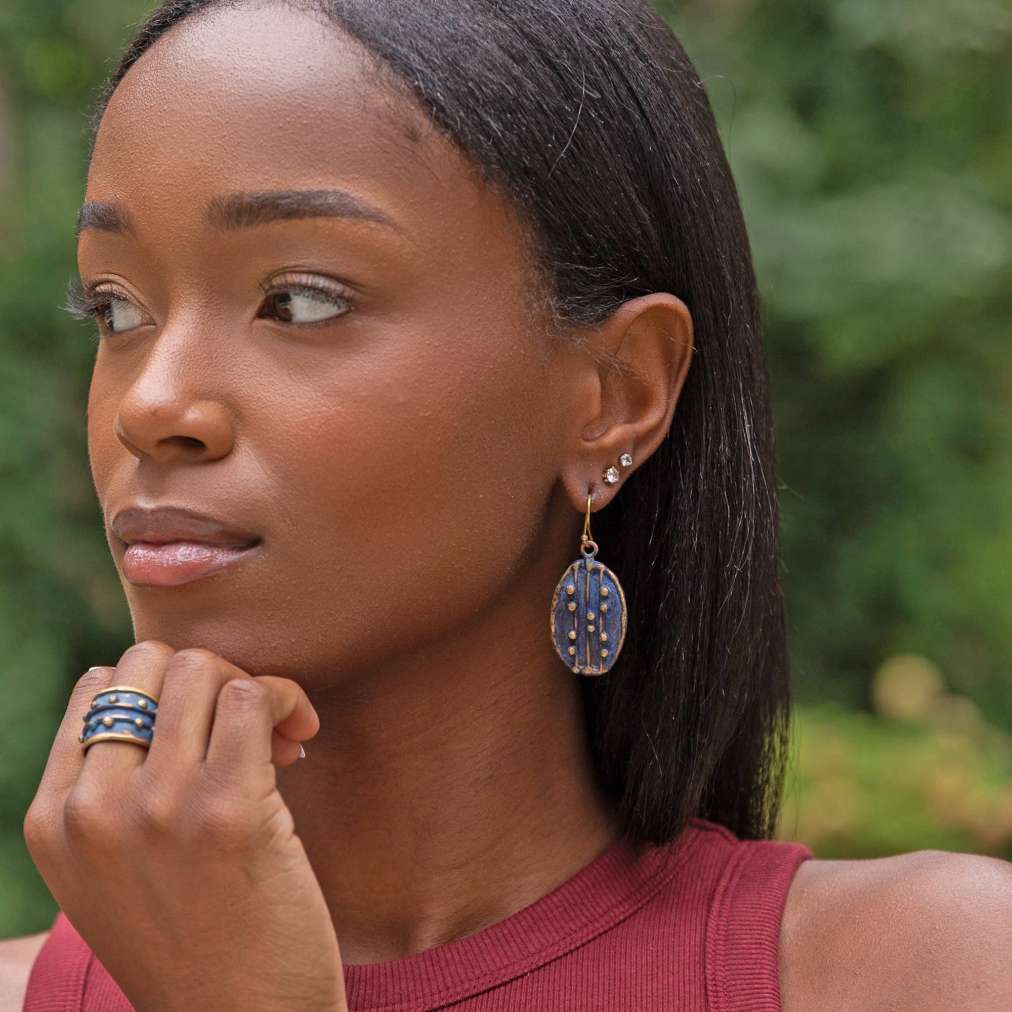 Handcrafted Navy Blue Dotted Line Brass Patina Earrings