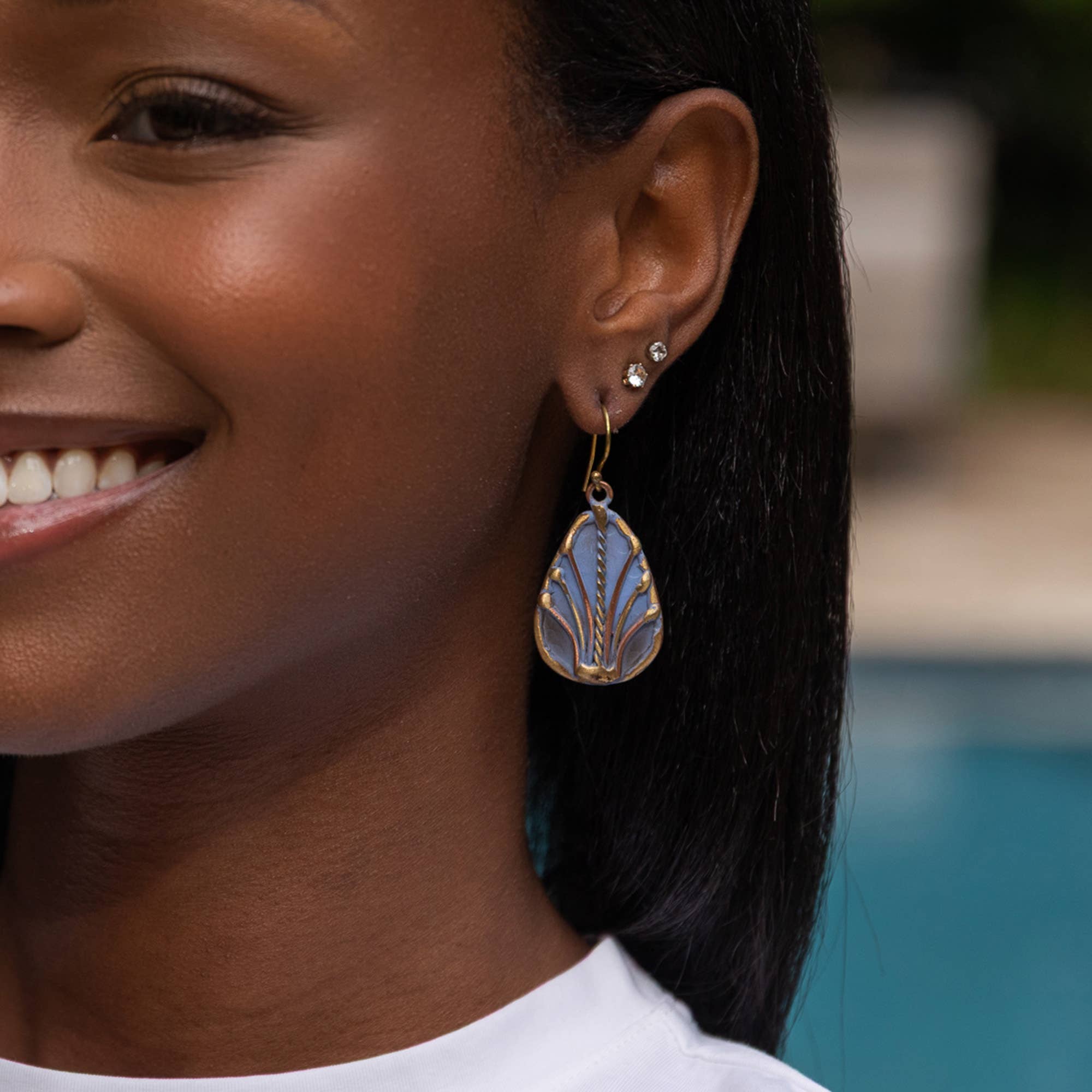 Handcrafted Dusty Blue Art Deco Brass Patina Earrings