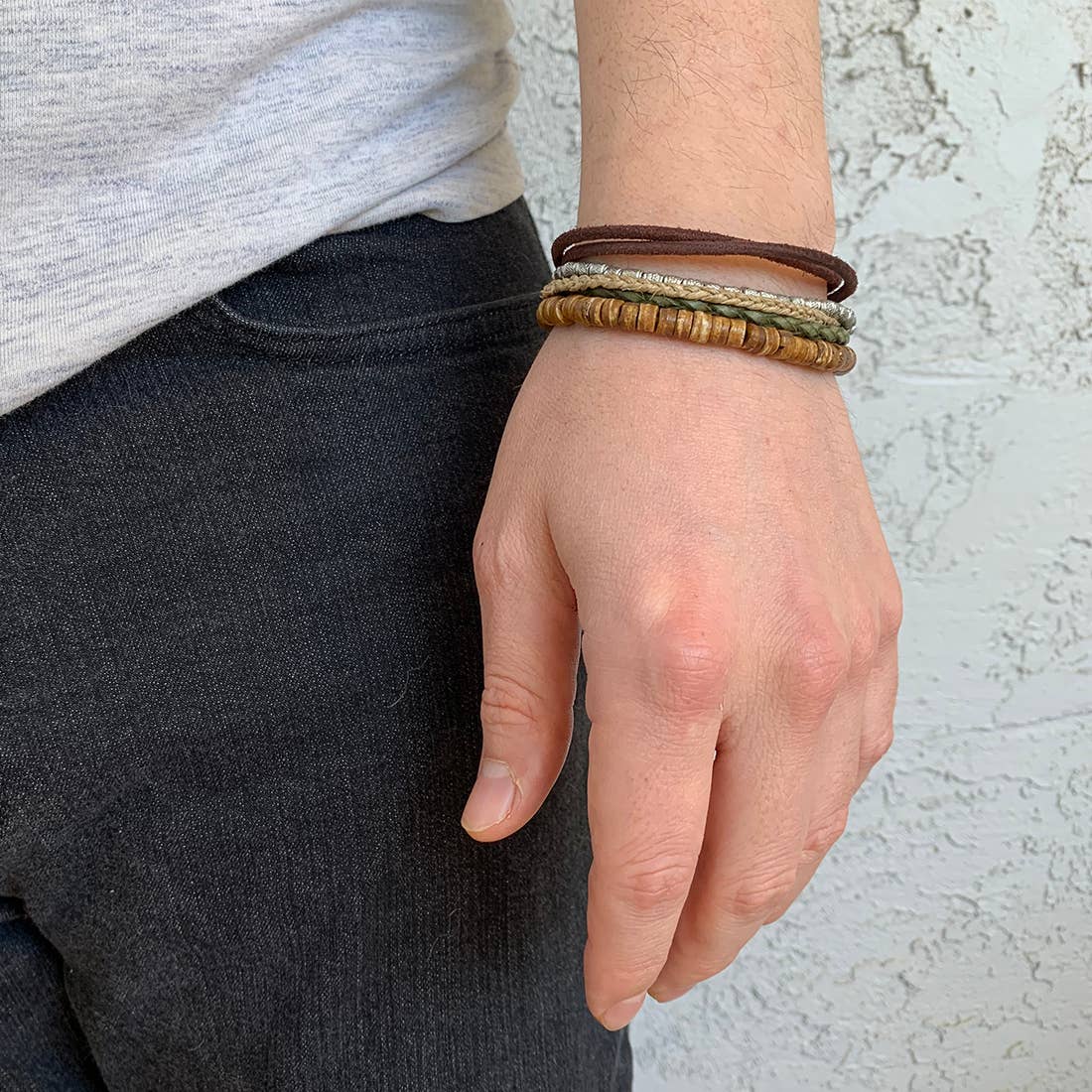 Aadi Wood, Leather, Jute, Metal Pre-Layered Men's Bracelet