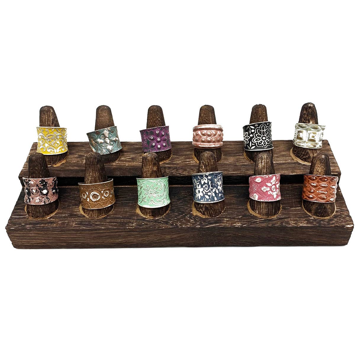 Silver Patina Rings and Wooden Display Prepack