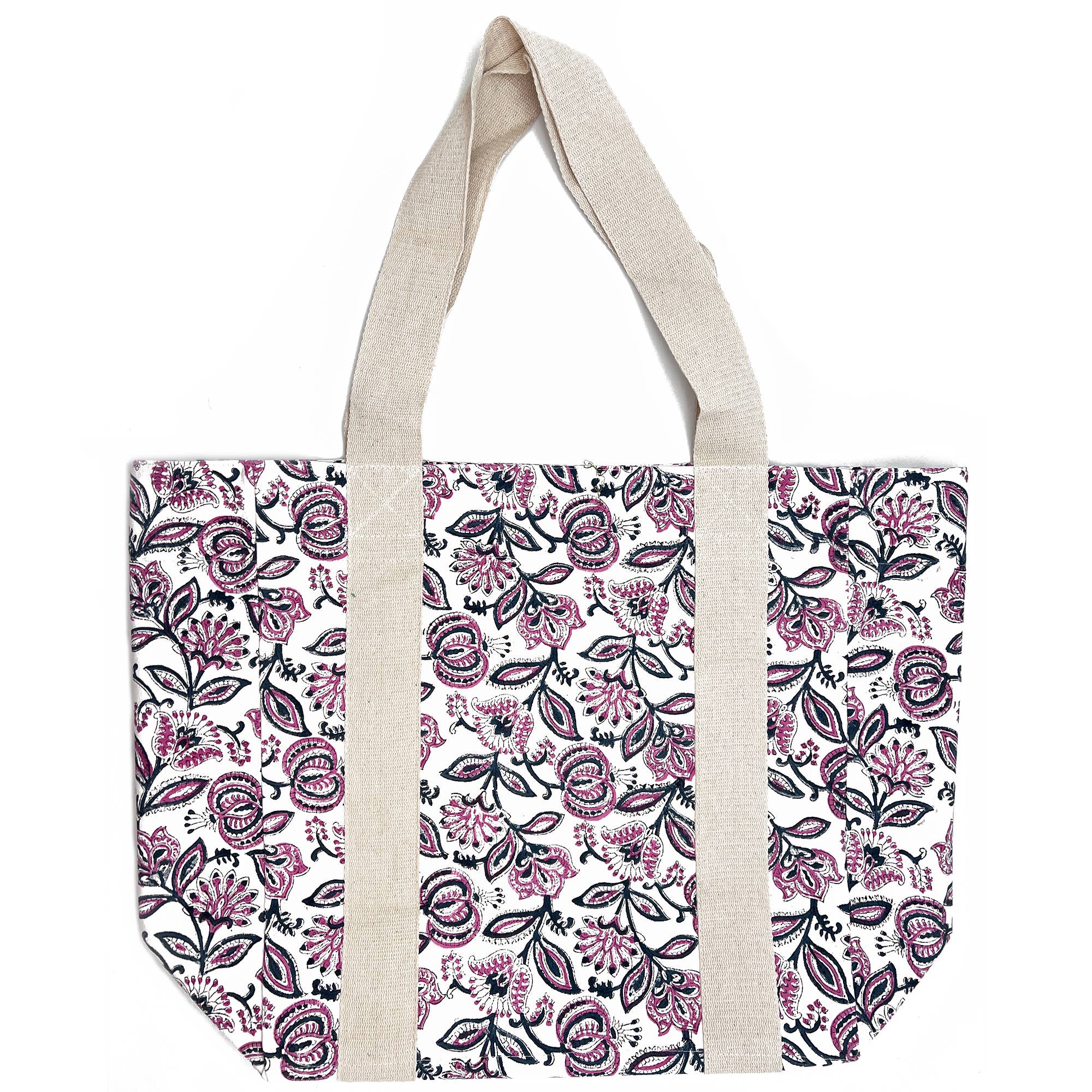 Handcrafted Canvas Bag with Block-Printed Blossoms in Violet