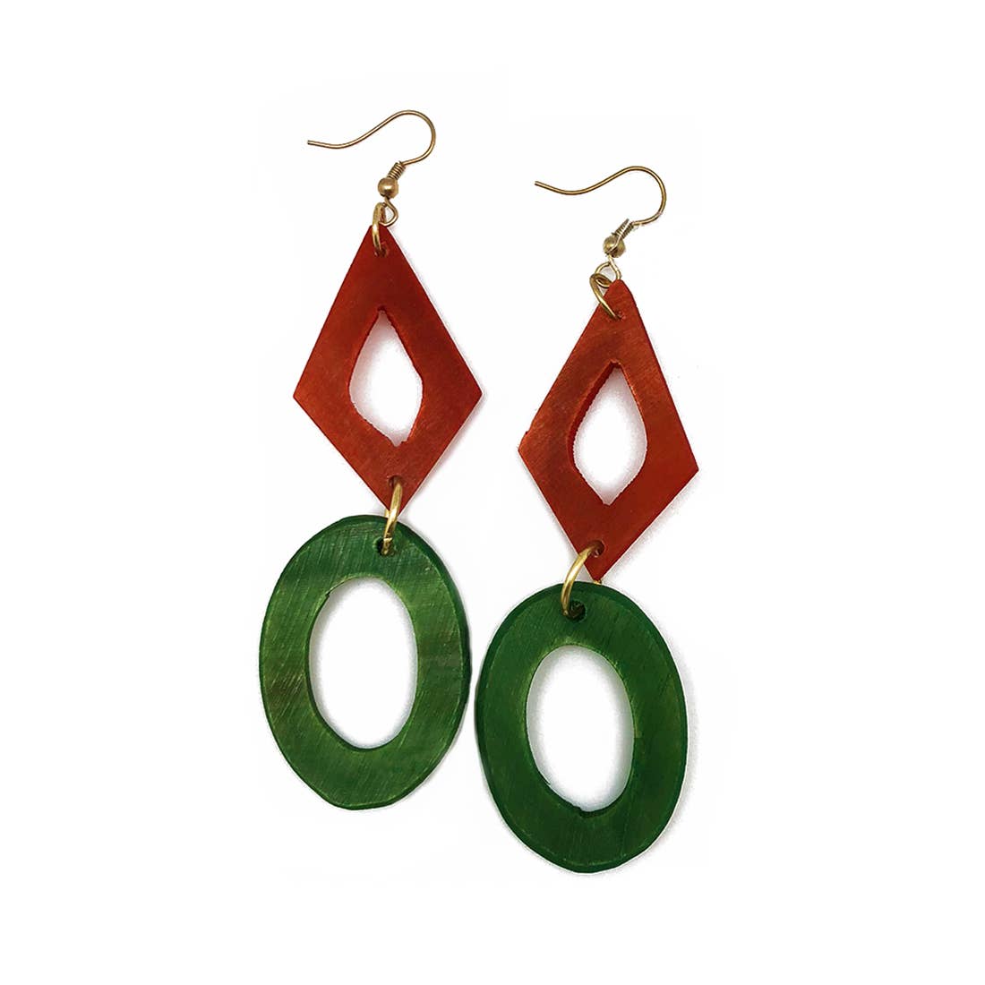 Omala Earrings - Open Diamond and Oval Beads - Orange/Green