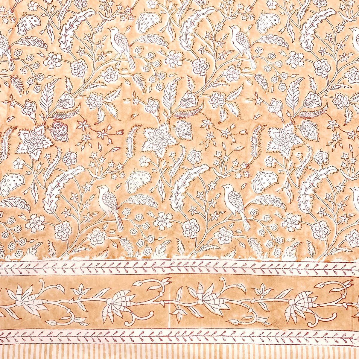 Block Printed Cotton Scarf - Peach with White Birds, Leaves