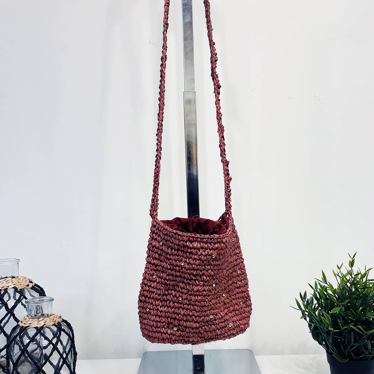 Sylvie Bag - Raffia Bucket Bag with Rhinestones - Pink