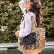 Lana Woven Jute Bag with Color Raffia Pocket- Black