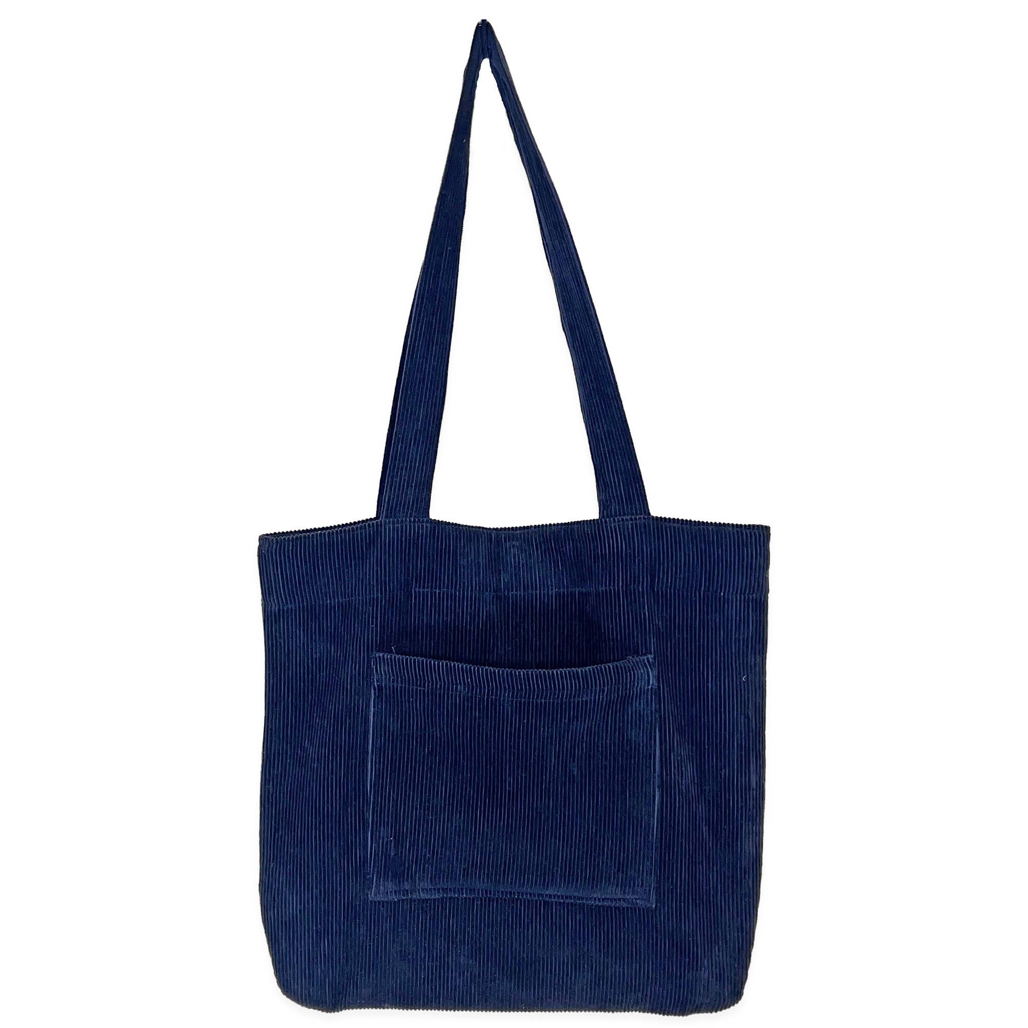 Corduroy Tote Bag with Front Pocket - Navy