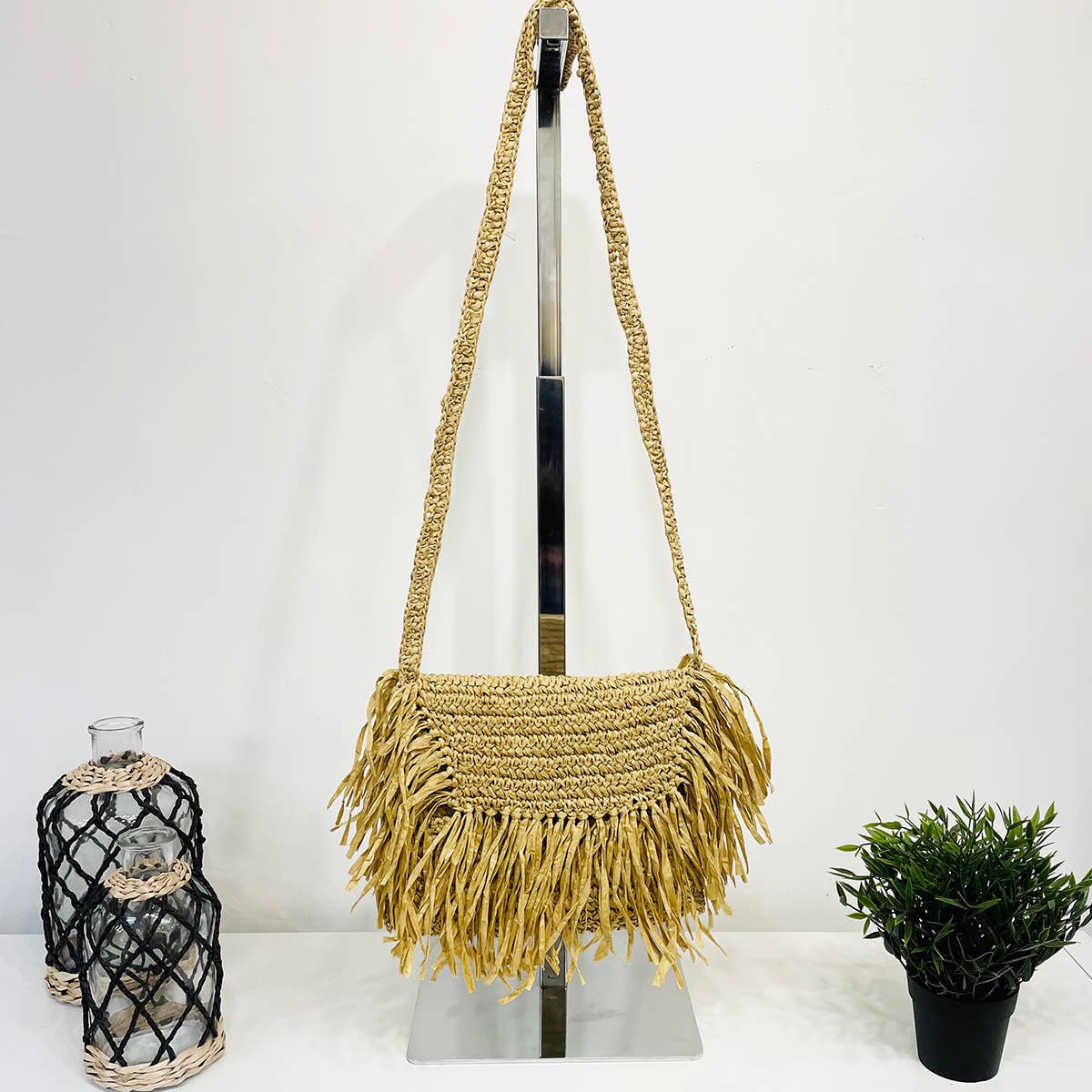Rhea Bag - Raffia Fringe Envelope Crossbody Bag - Natural