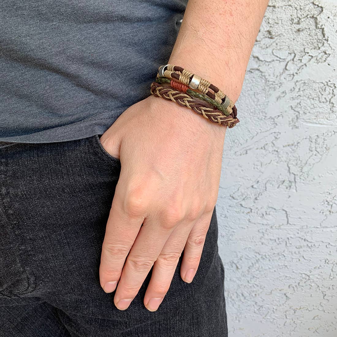 Aadi Green and Brown Jute and Leather Braided Bracelet