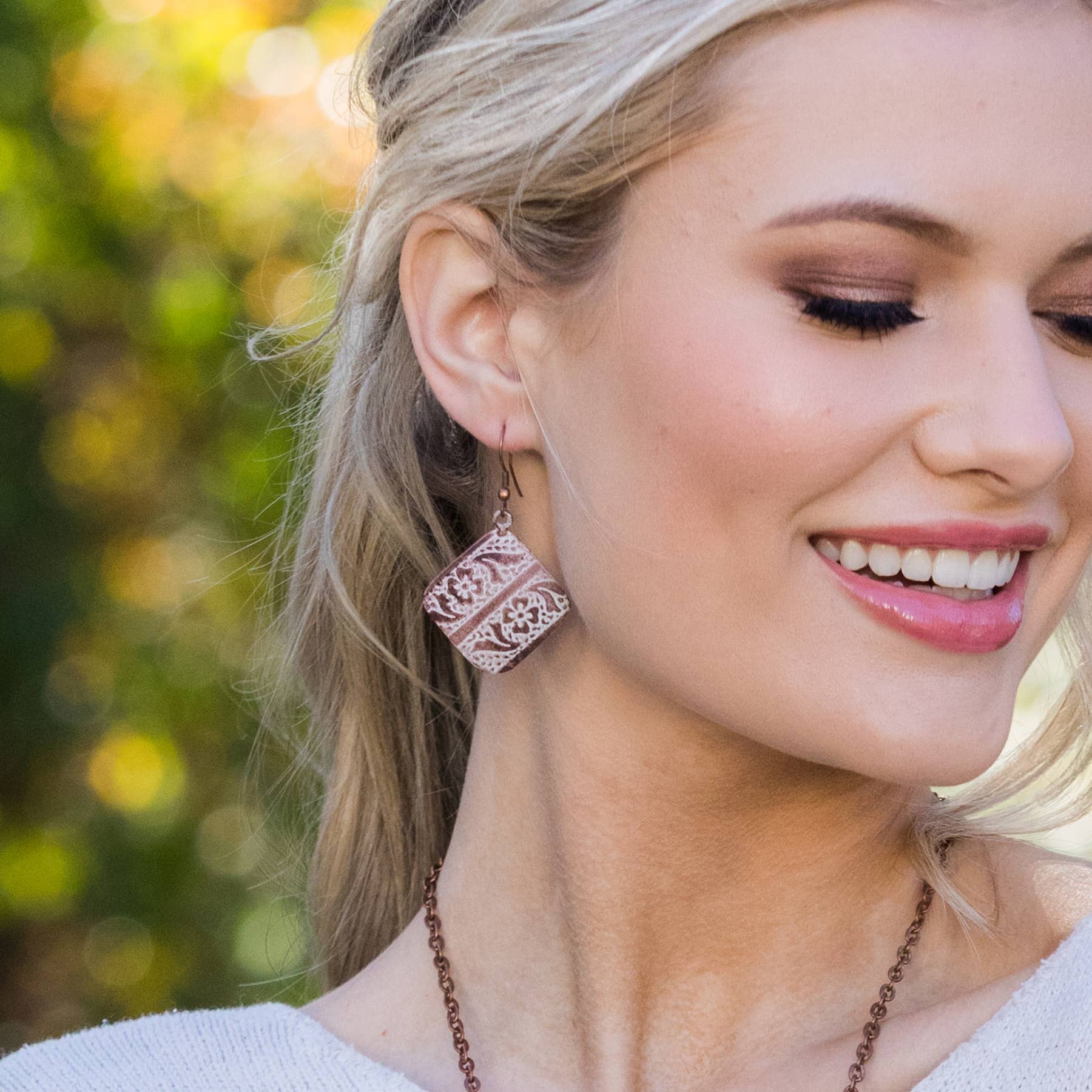 Copper Patina Earrings and Wooden Display Prepack