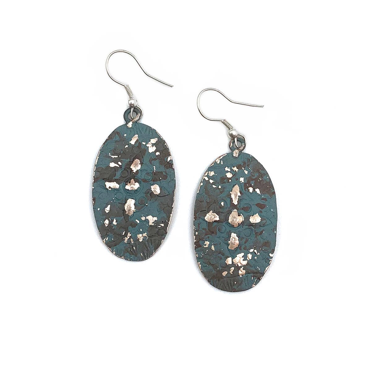 Silver Patina Earrings - Teal Cross Oval