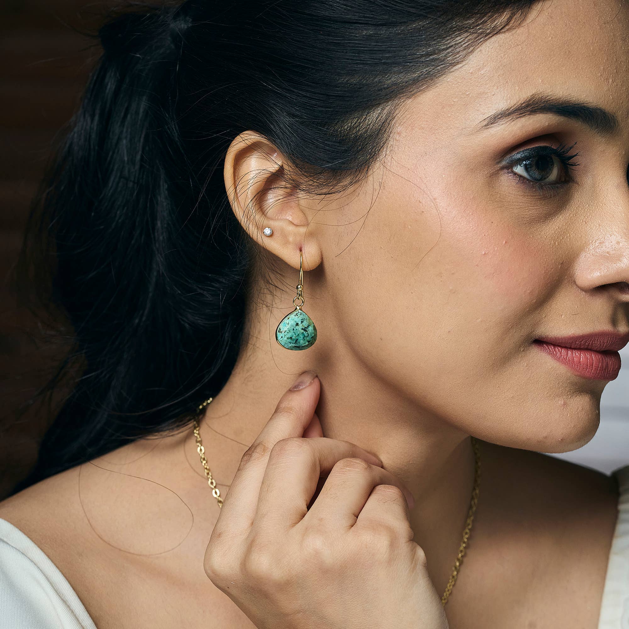 Gold Plated Earrings with Semi-Precious Stone - Turquoise