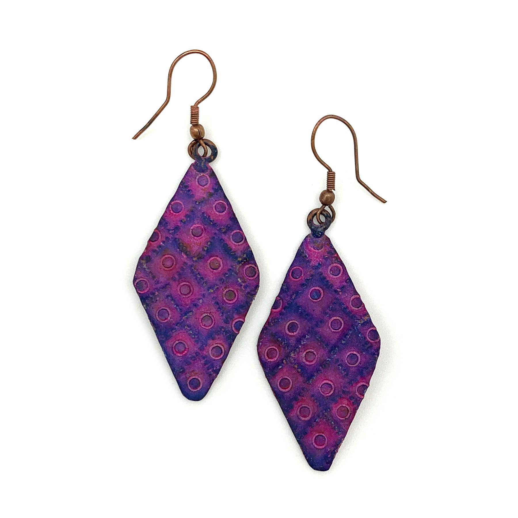 Copper Patina Earrings - Fuchsia and Purple Diamonds