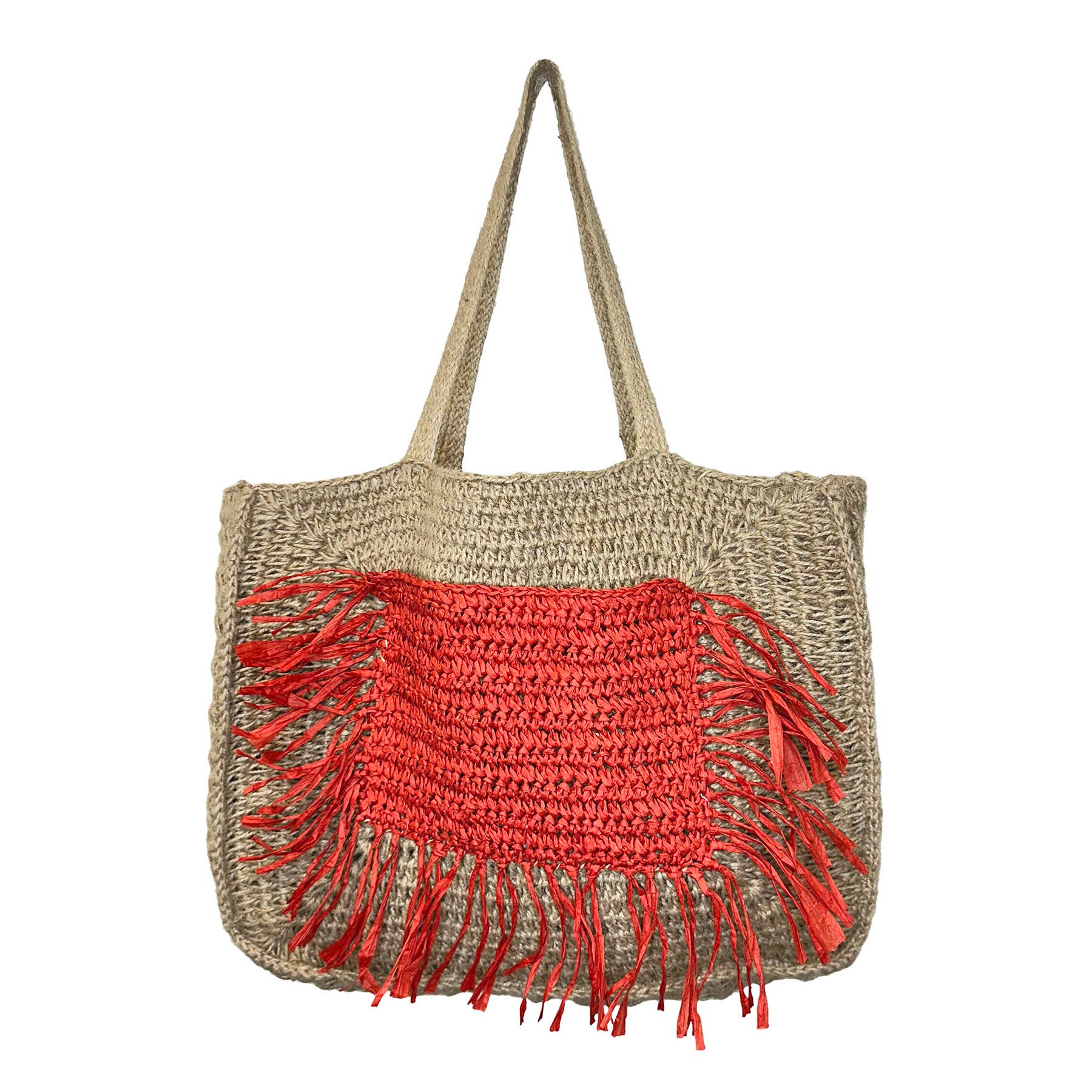 Lana Woven Jute Bag with Color Raffia Pocket - Red