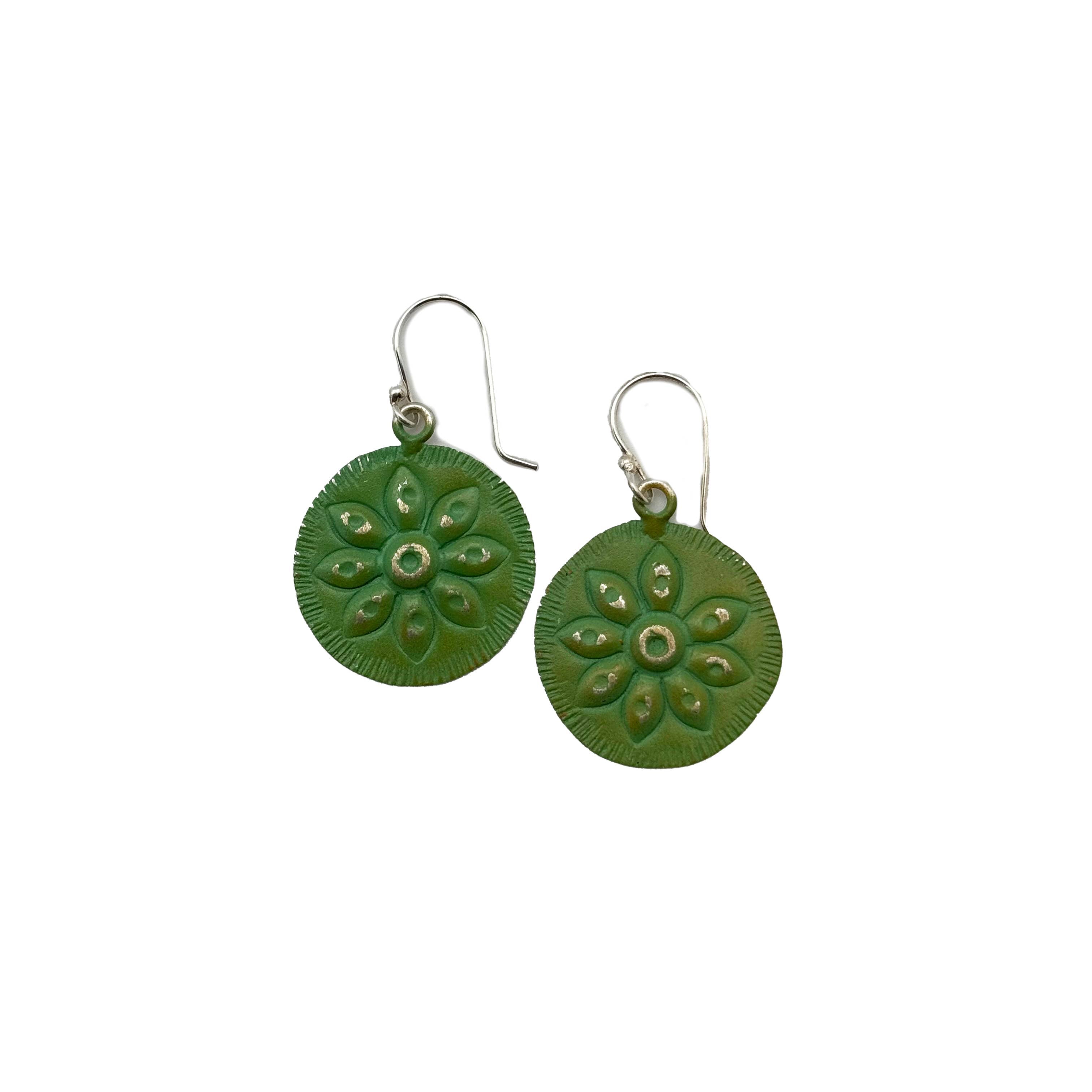 Handcrafted Silver Patina Green Floral Earrings