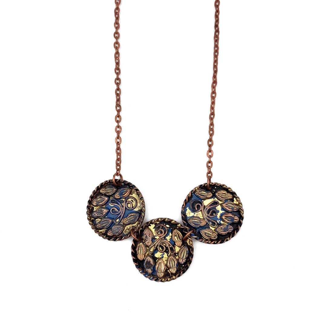 Copper Patina Necklace - Royal Blue and Gold Three Circles