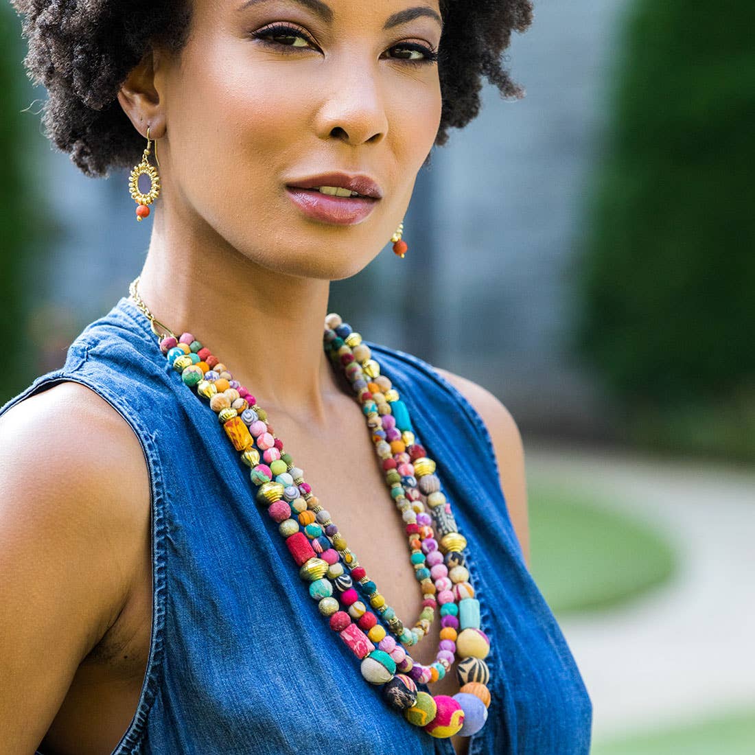 Aasha Triple Strand Mixed Beads Kantha Handcrafted Necklace