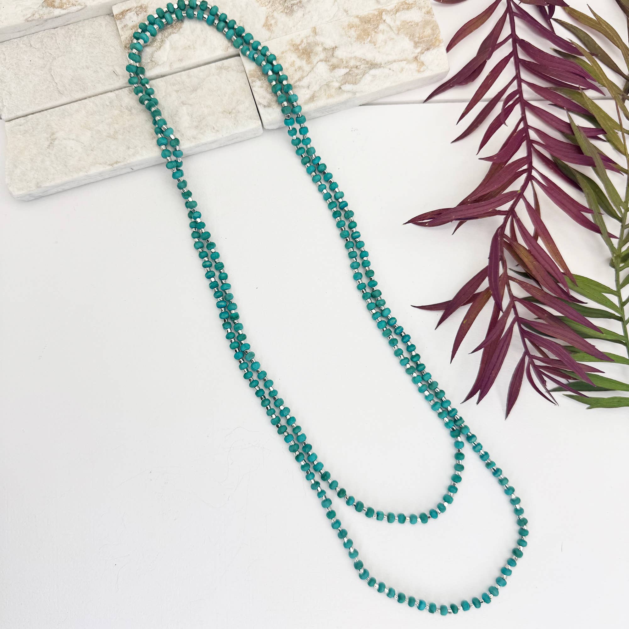 Sachi Long Wood Bead Necklace - Turquoise