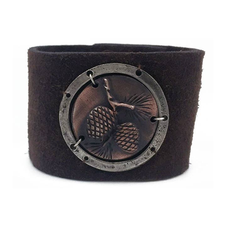 Leather Snap Bracelet - Two Pine Cones on Branch
