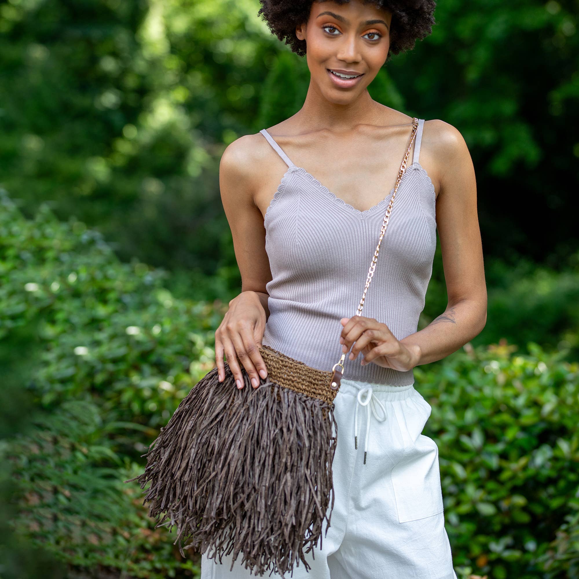 Luau Cross Body Bag - Brown Raffia Fringe Bag