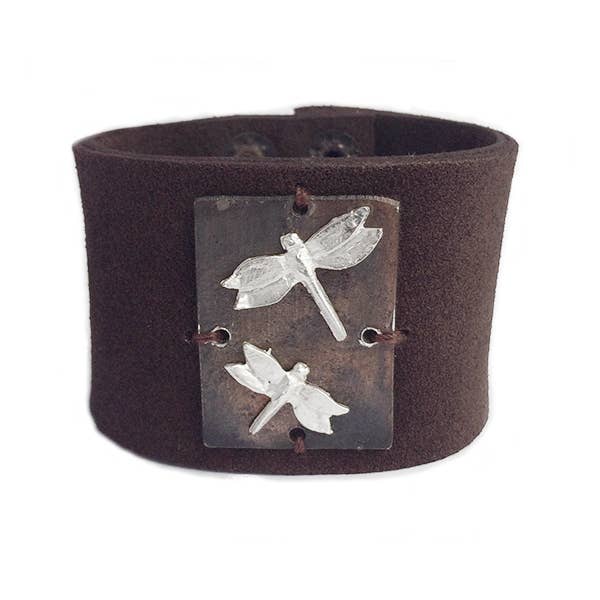 Leather Snap Bracelet - Two Dragonflies
