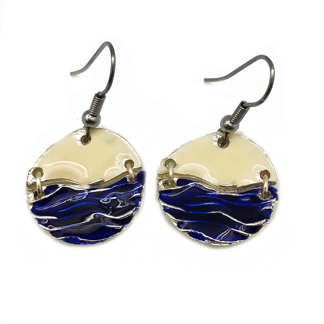 Pewter Earrings with Color Enamel - Cobalt/Opaque White
