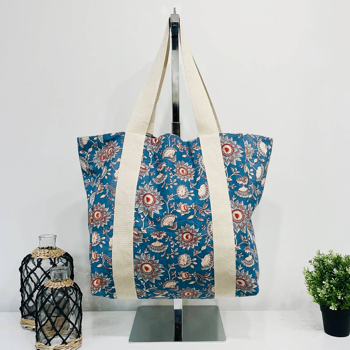 Handcrafted Canvas Bag with Block-Printed  Denim Floral