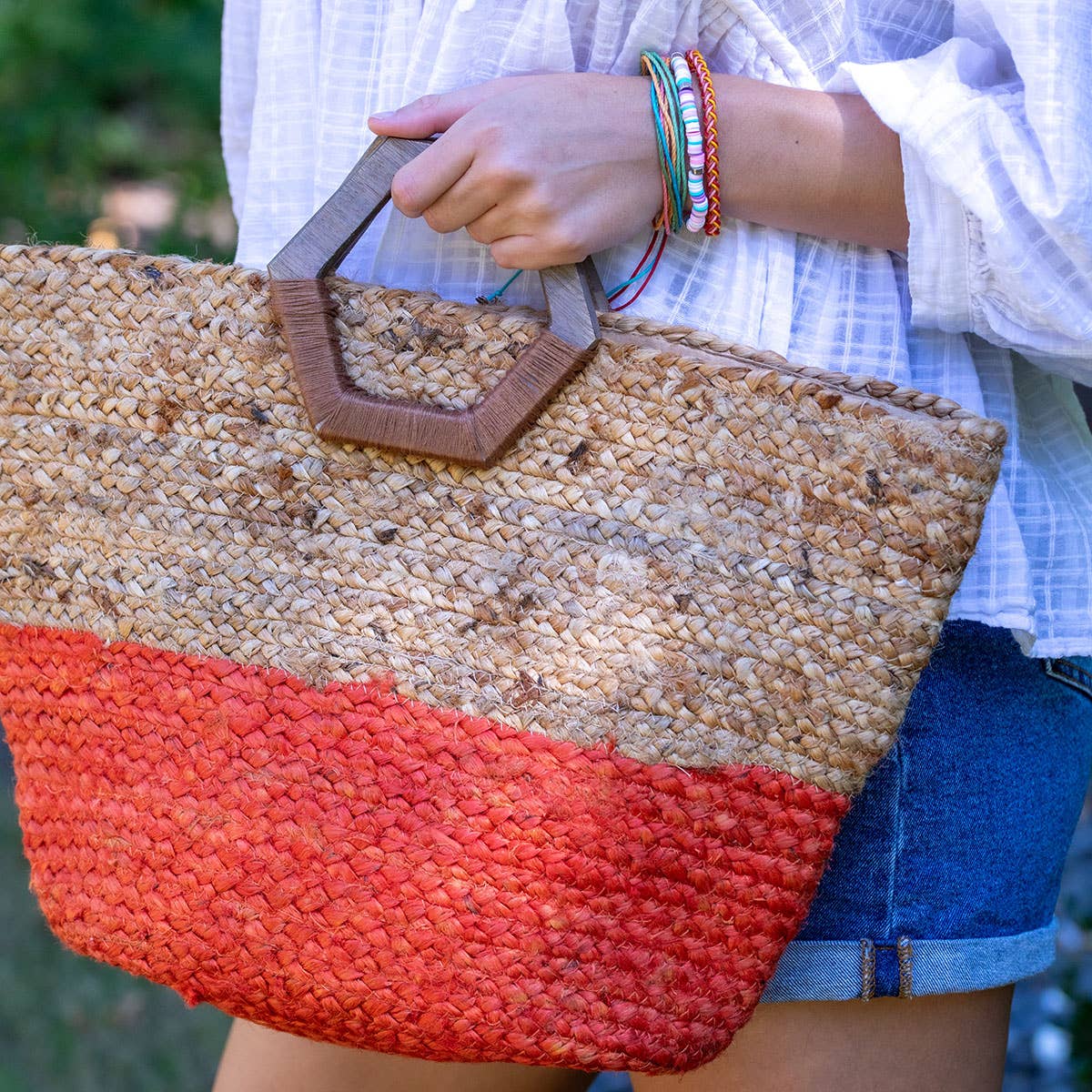 Florence Hand Bag - Natural/Coral Jute Bag with Wood Handle