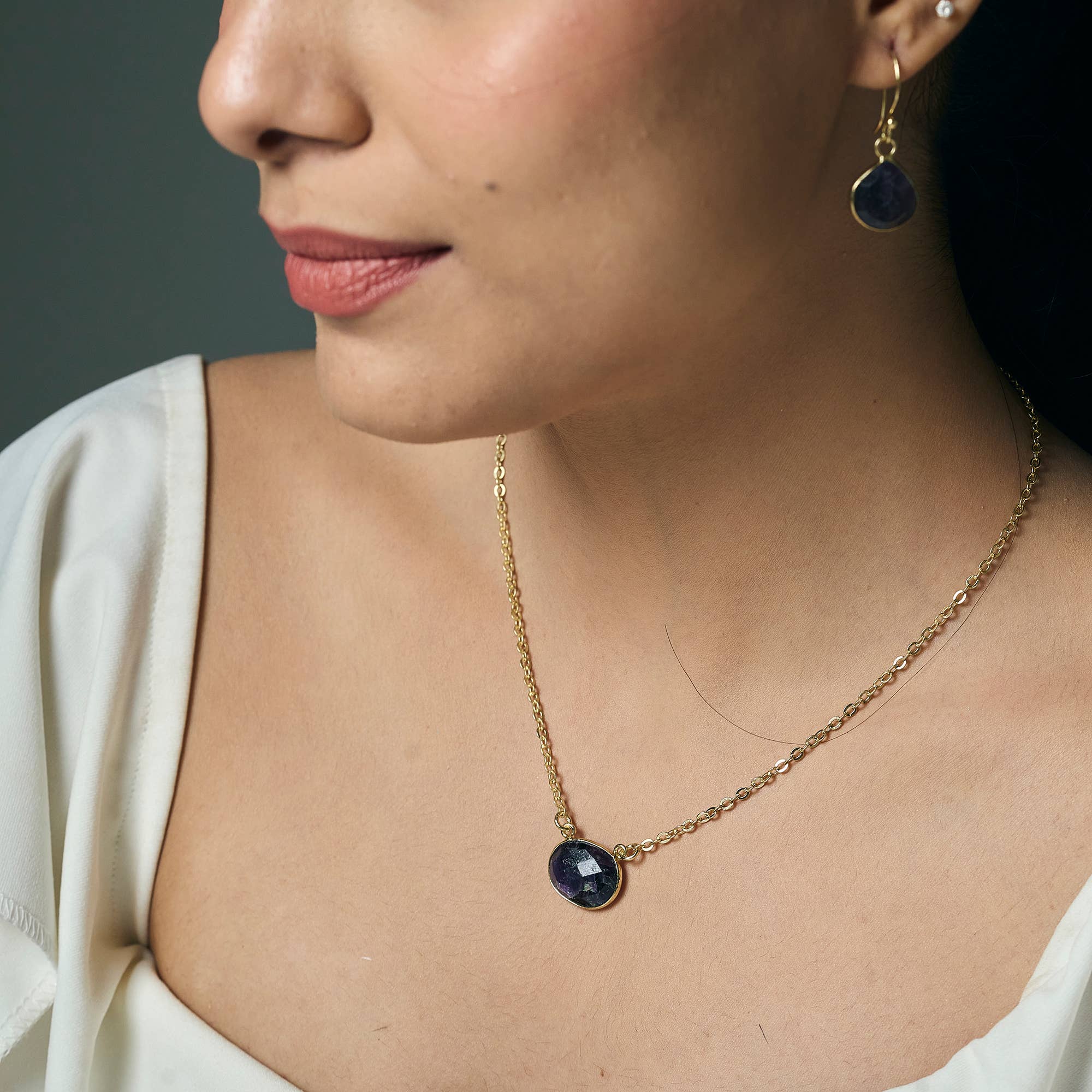 Gold Plated Necklace with Semi-Precious Stone - Amethyst