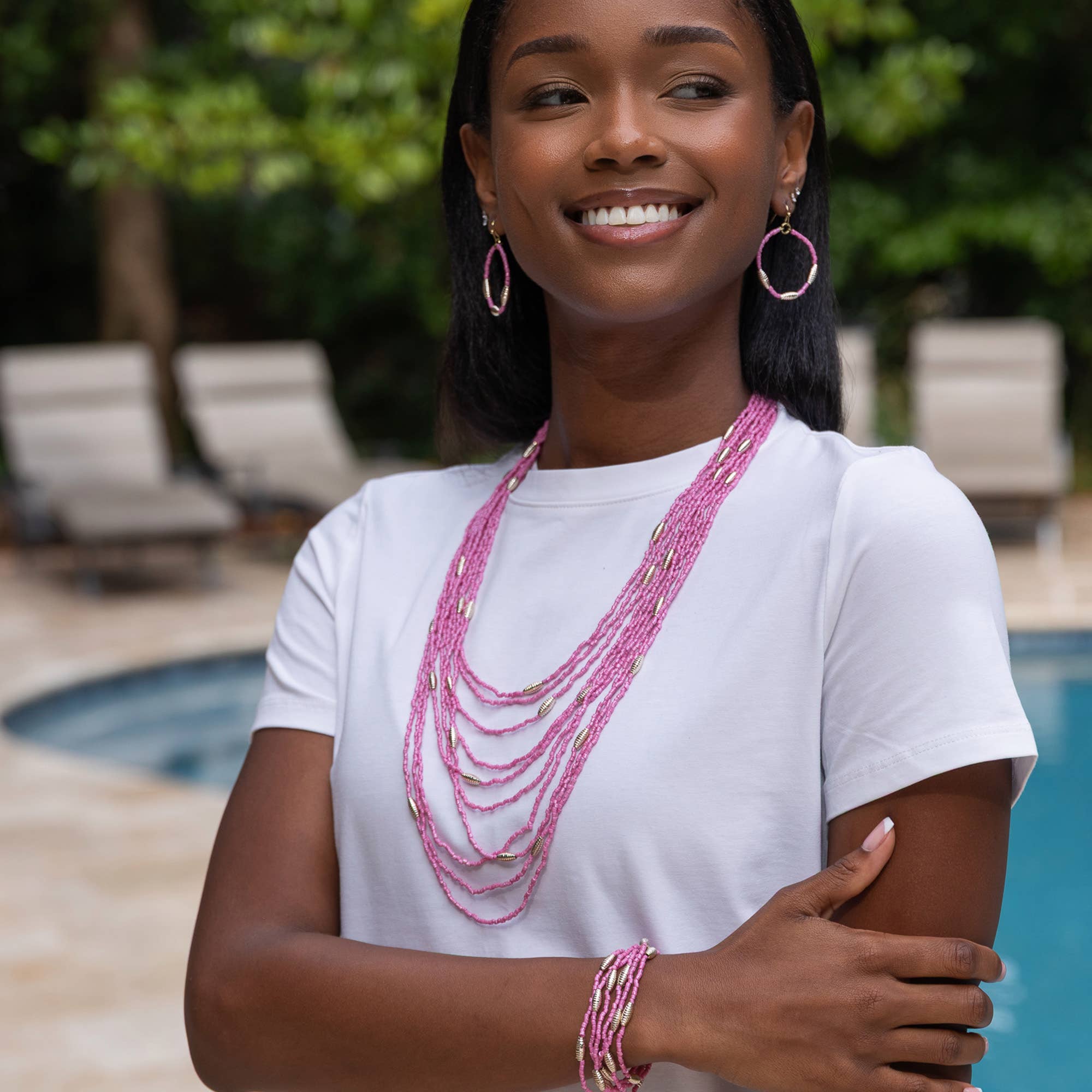 Seed Bead Multi-Strand Necklace - Pink