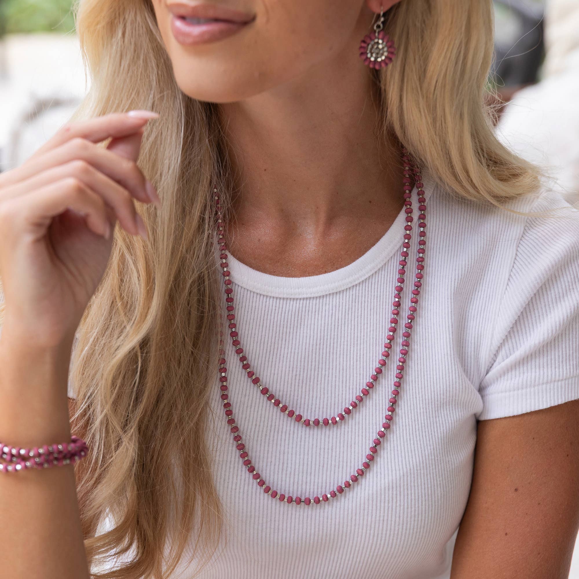 Sachi Long Wood Bead Necklace - Fuschia