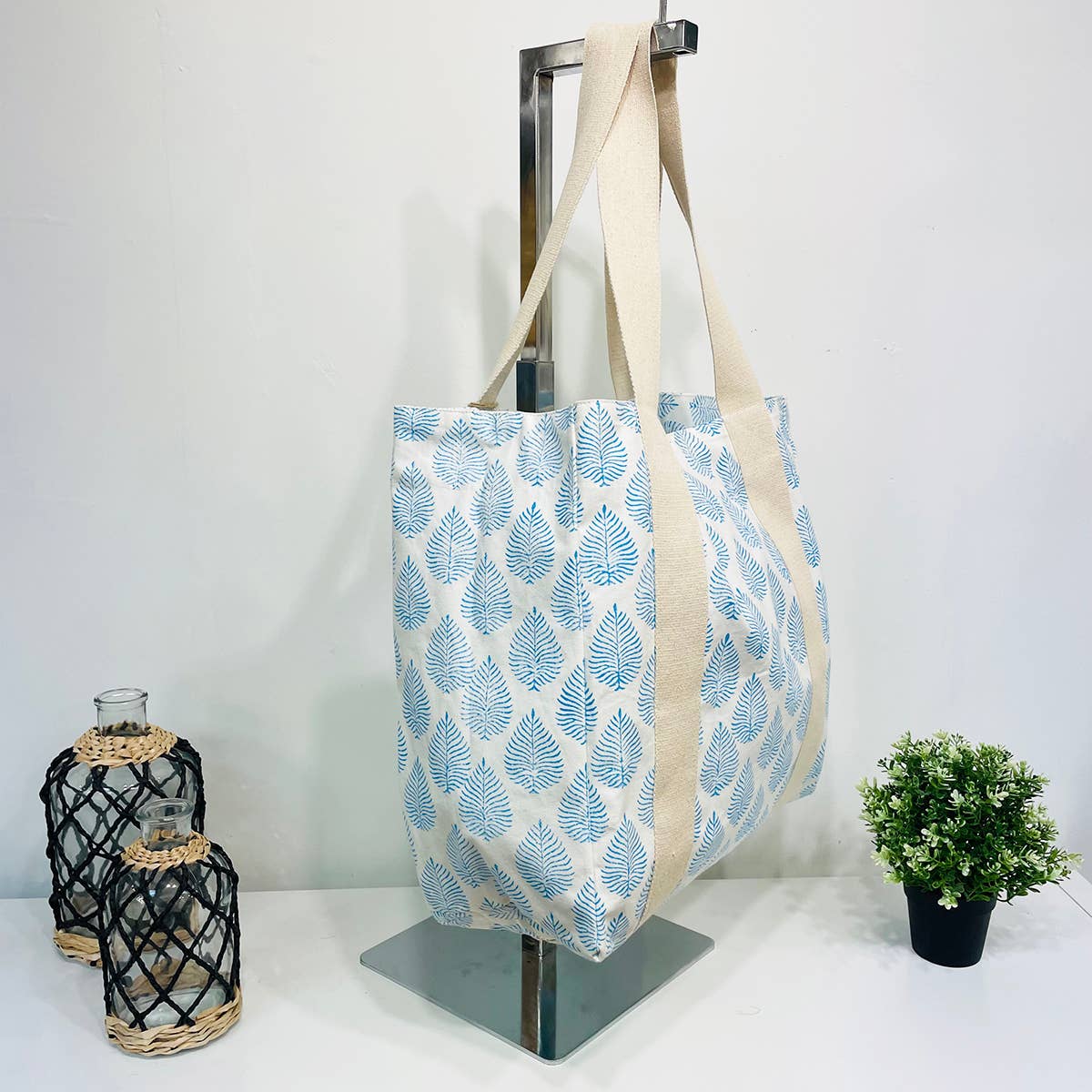 Handcrafted Canvas Bag with Block-Printed Sky Blue Leaves