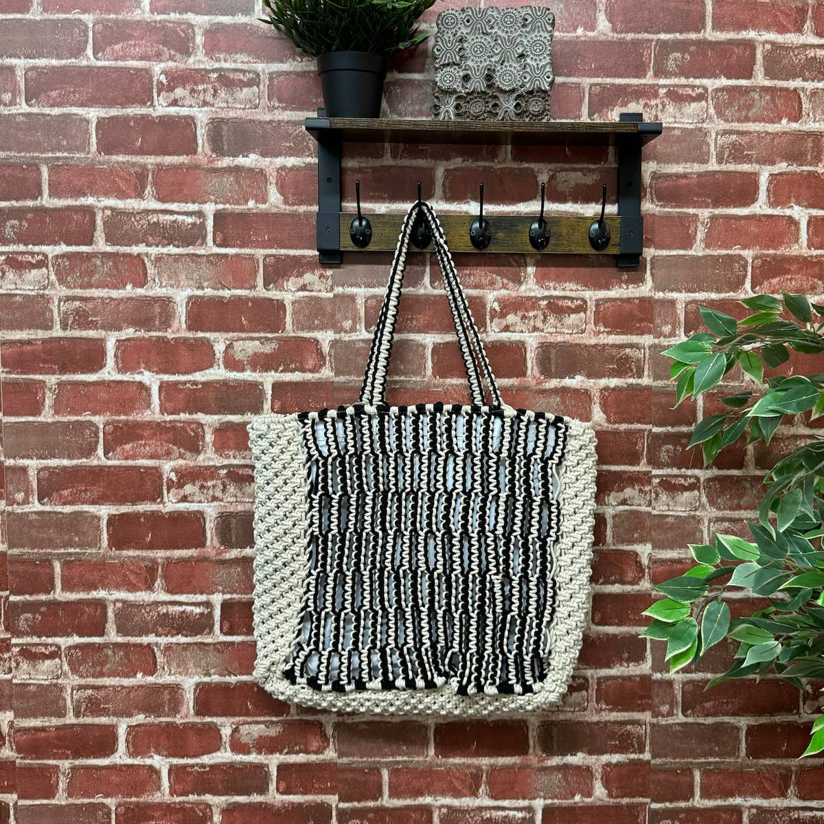 Laguna Tote - Black and Cream Woven Macrame Tote