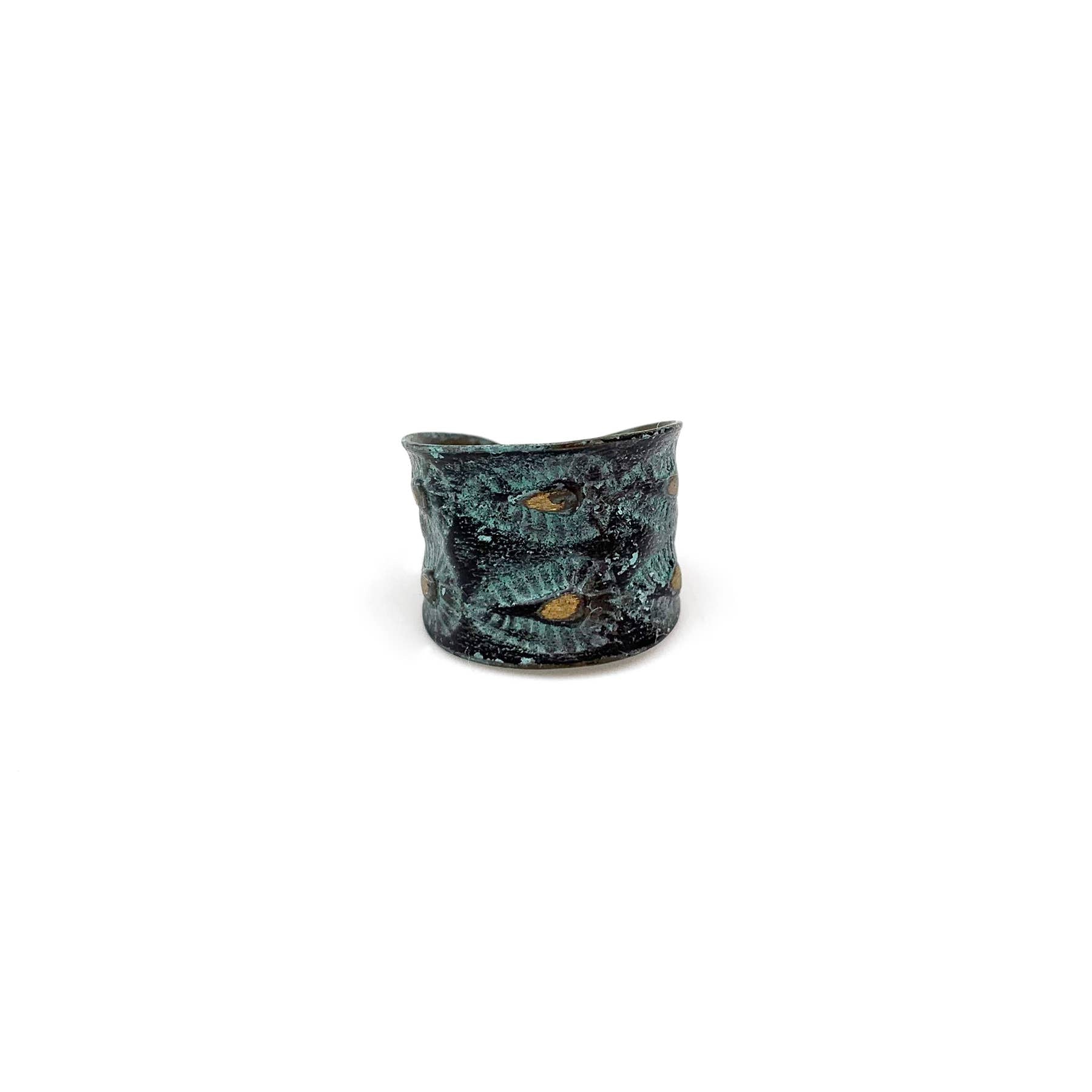 Brass Patina Ring - Aqua on Brown Teardrops and Dots