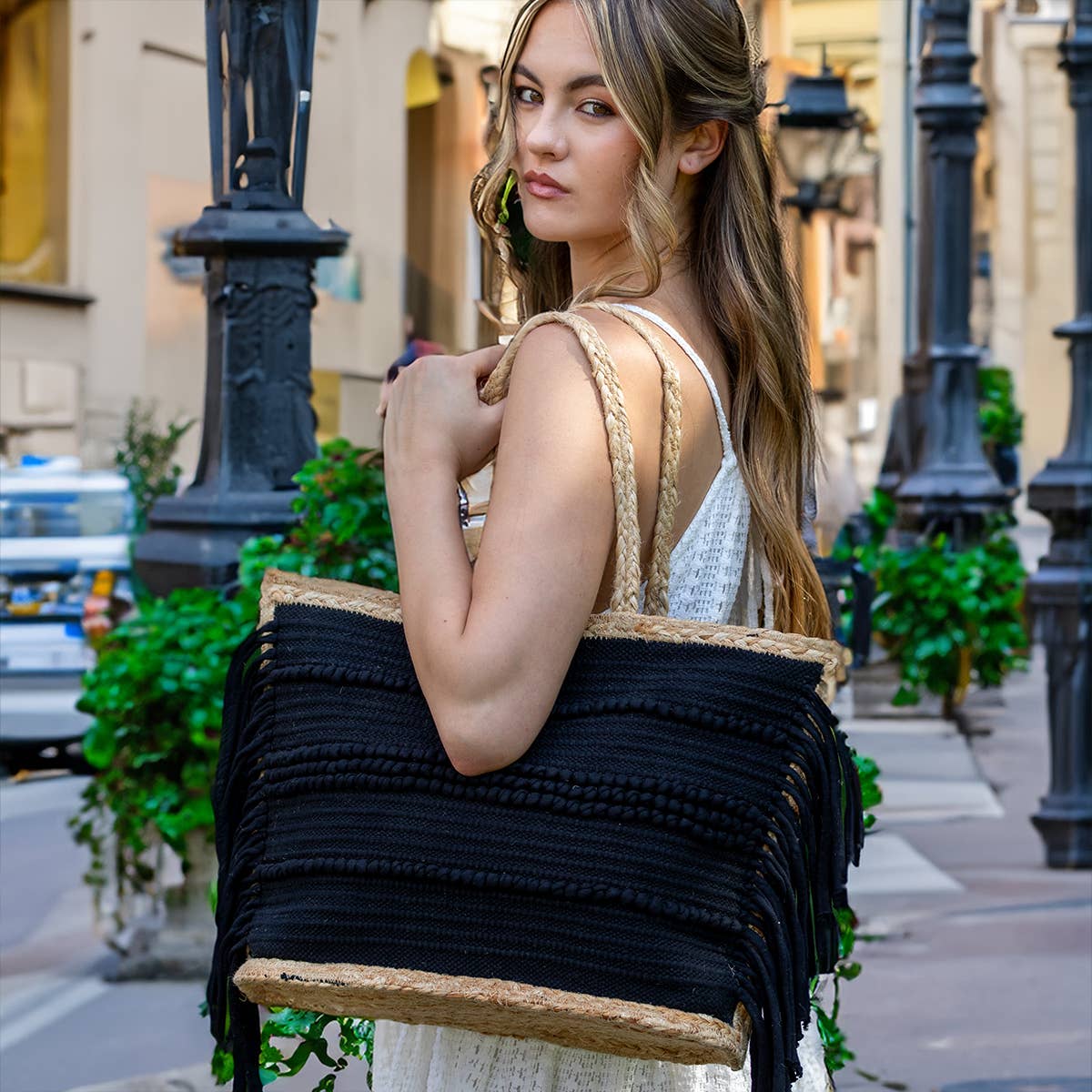 Nora Tote - Jute and Black Cotton Tote with Fringes