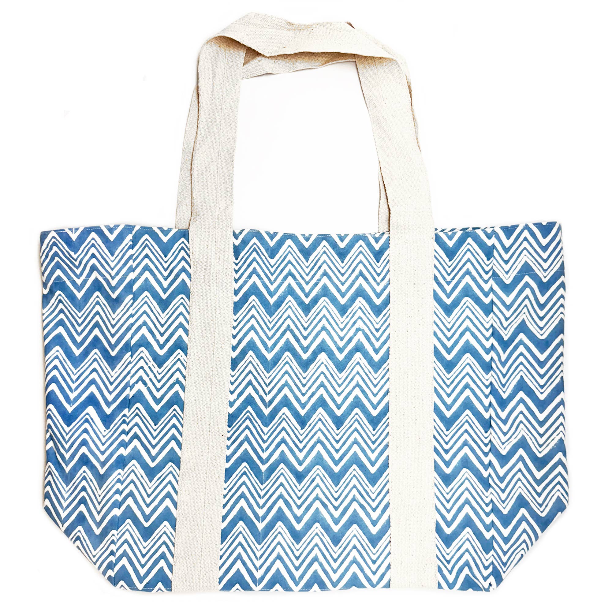 Block Printed Canvas Tote - Blue Chevron