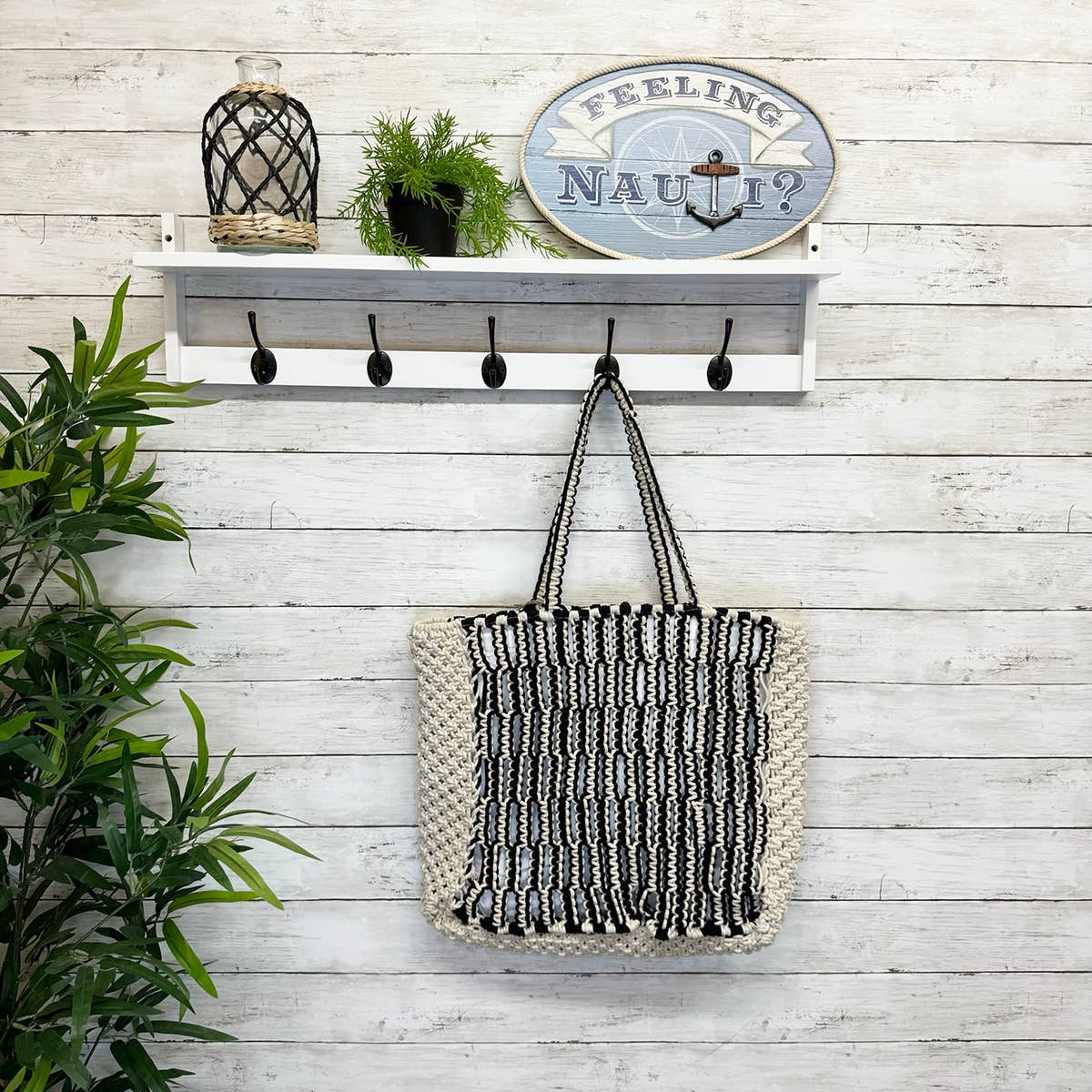 Laguna Tote - Black and Cream Woven Macrame Tote