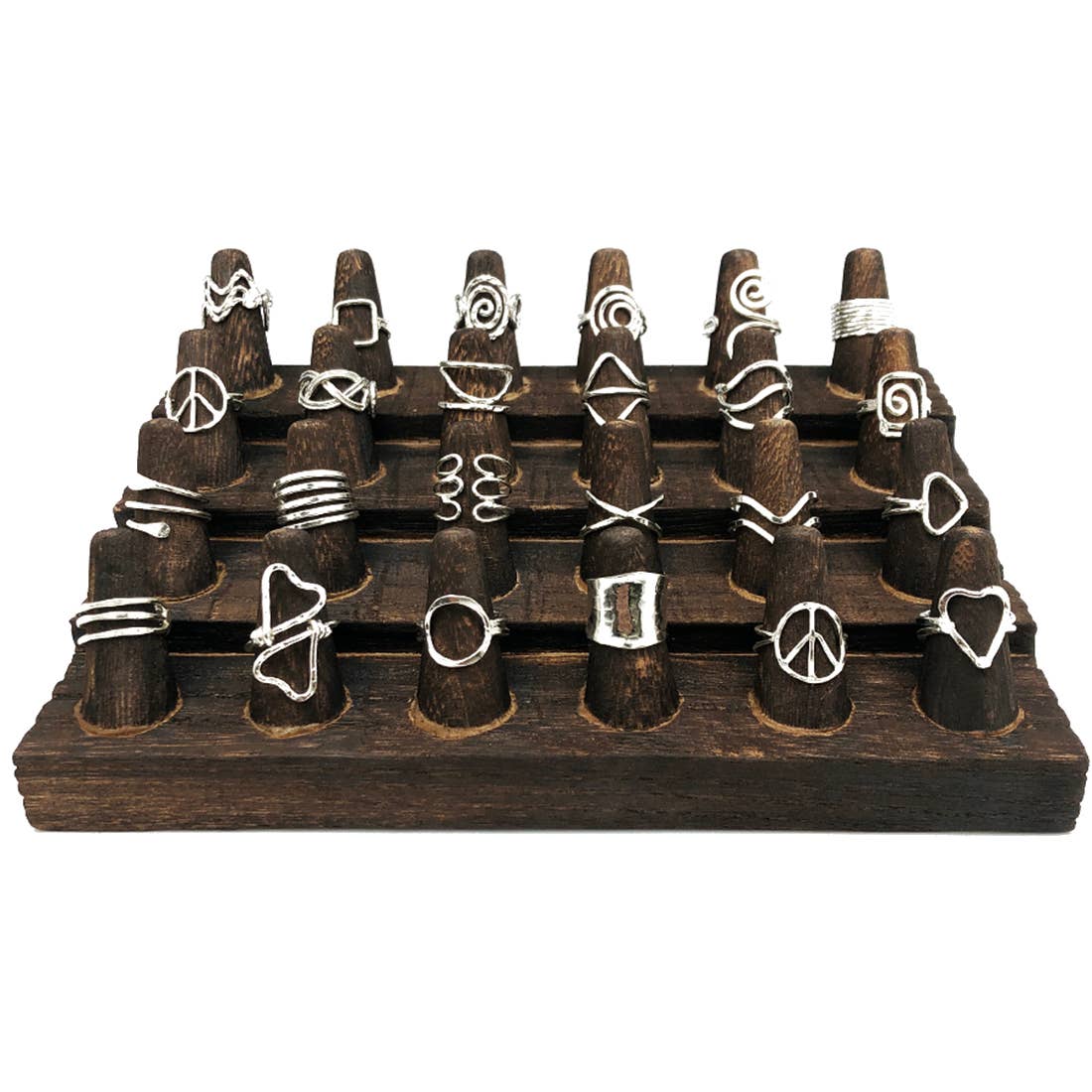 Silver Plated Rings Prepack With Wooden Display - 24 Rings