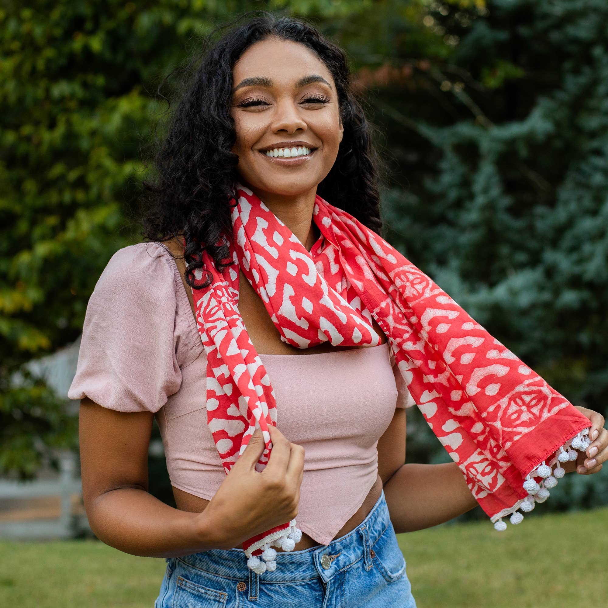 Block Printed Cotton Scarf - Red Orange Geometric Print