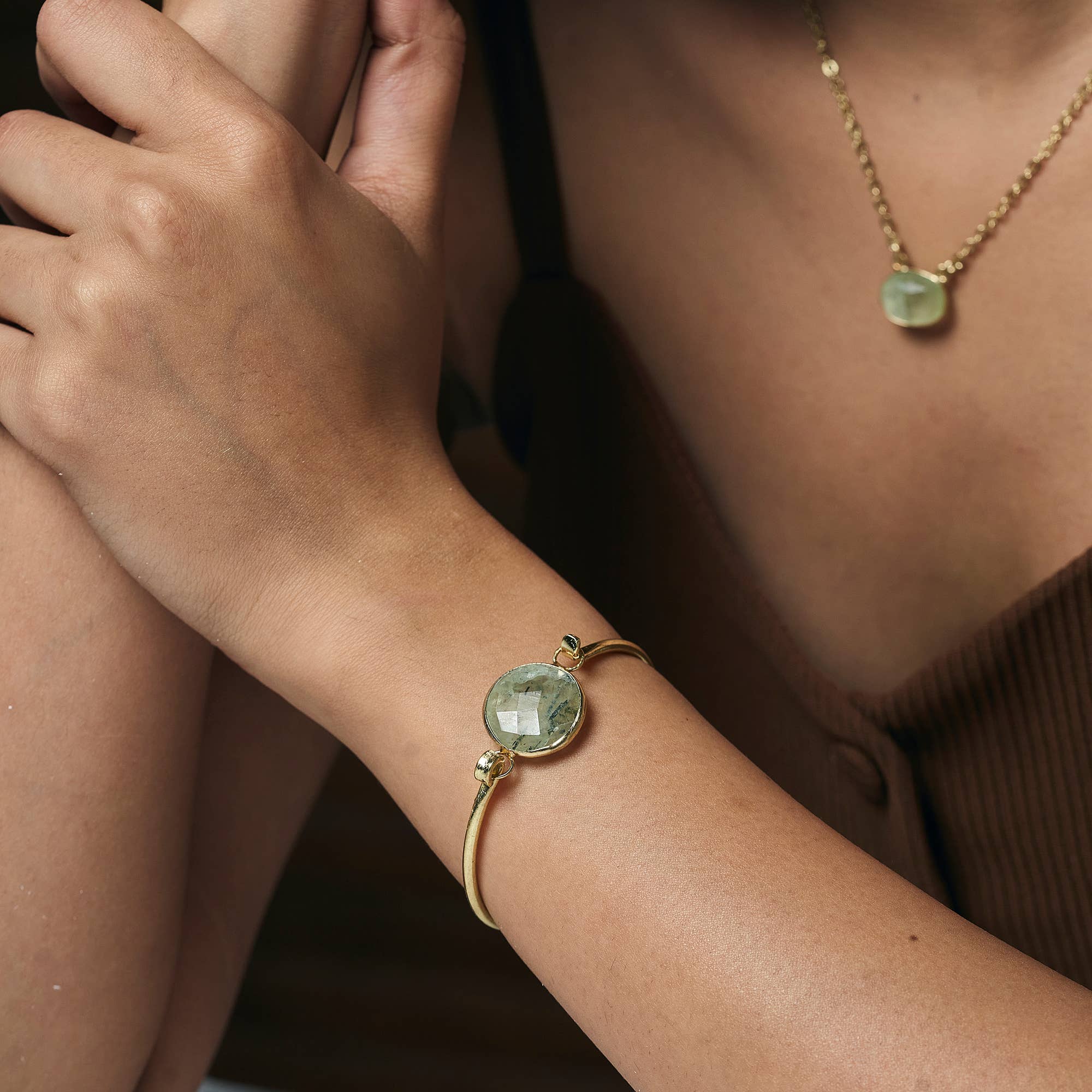 Gold Plated Bracelet with Semi-Precious Stone - Prehnite