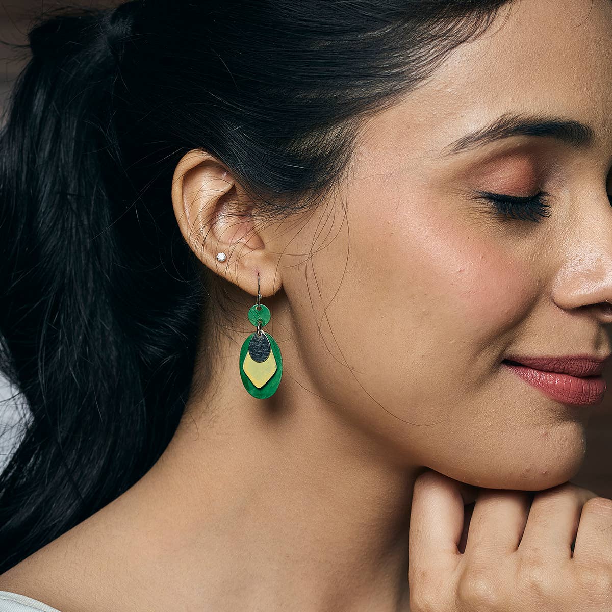 Handcrafted Green & Yellow Patina Layered Kite Earrings