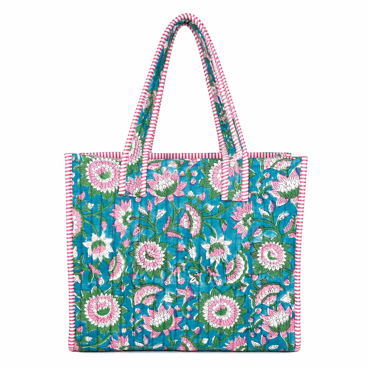 Aqua Bloom Block-Printed Quilted Mini Tote