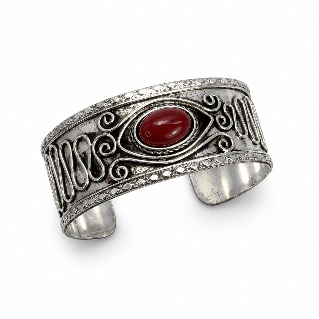 Handcrafted Kashi Antique Silver Cuff with Red Onyx